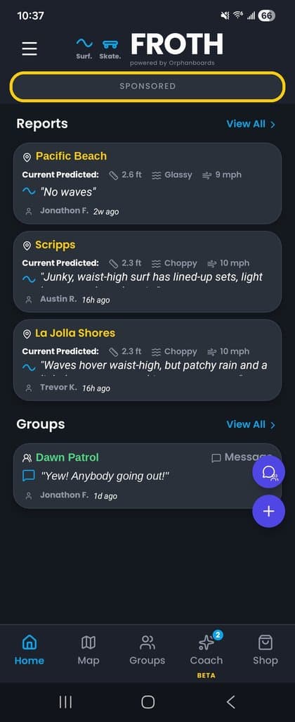 A sponsored ad at the top of the Froth app home feed