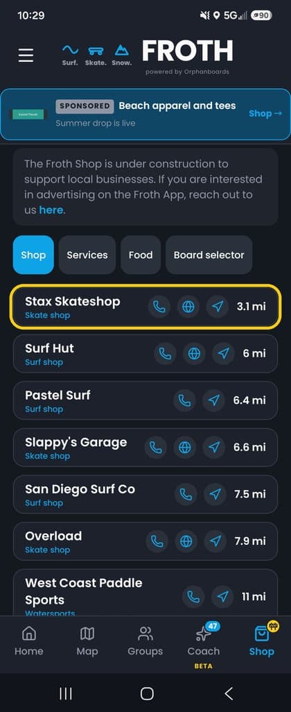 A business listing at the top of the Froth app Shop tab