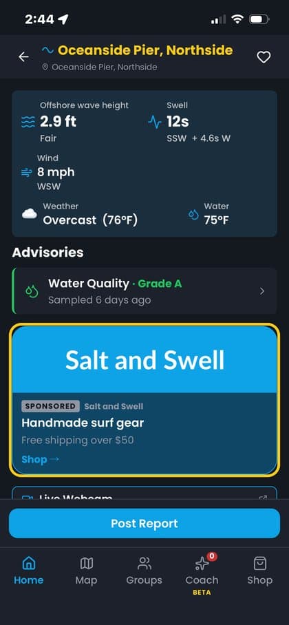 A sponsored banner on a surf spot page in the Froth app