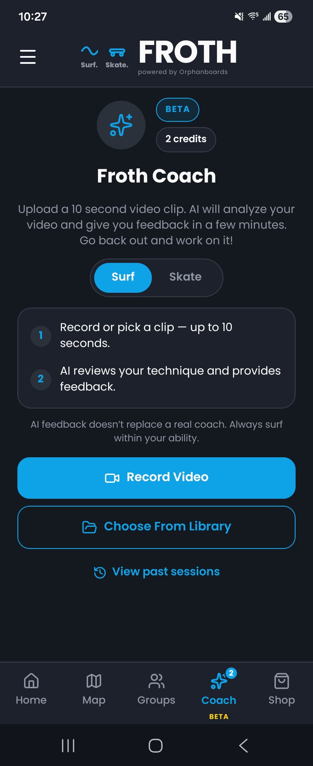 The Froth Coach screen, where you upload a 10-second clip for AI feedback on your surfing or skating